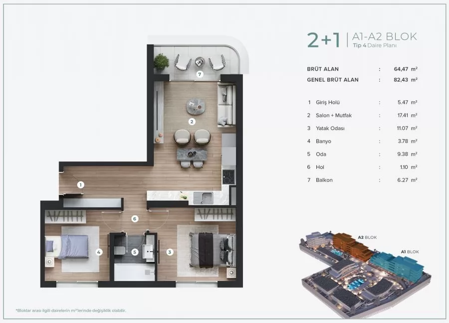 2+1 A1-A2 BLOK Tip 4 Daire Planı