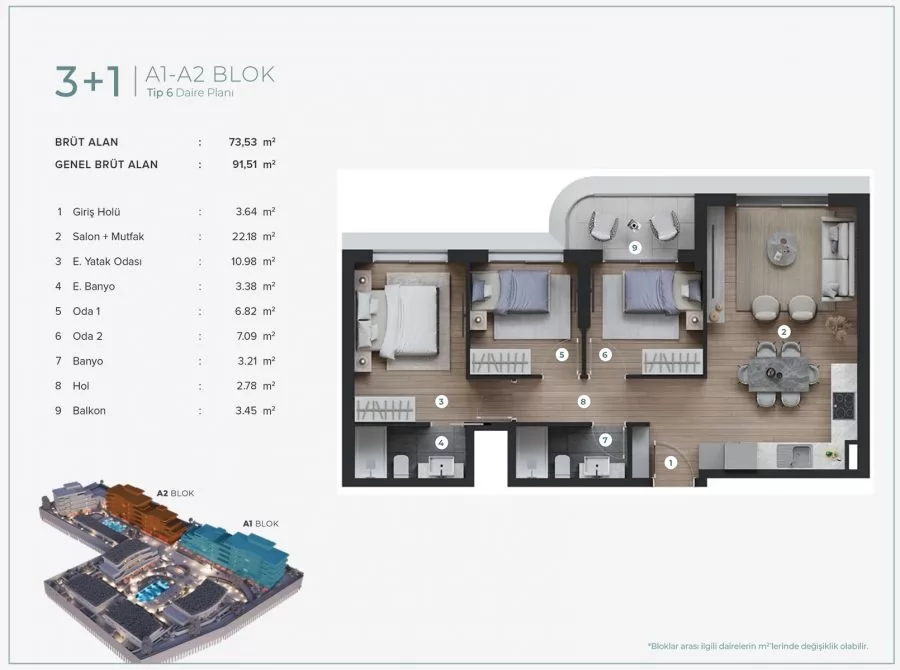 3+1 A1-A2 BLOK Tip 6 Daire Planı