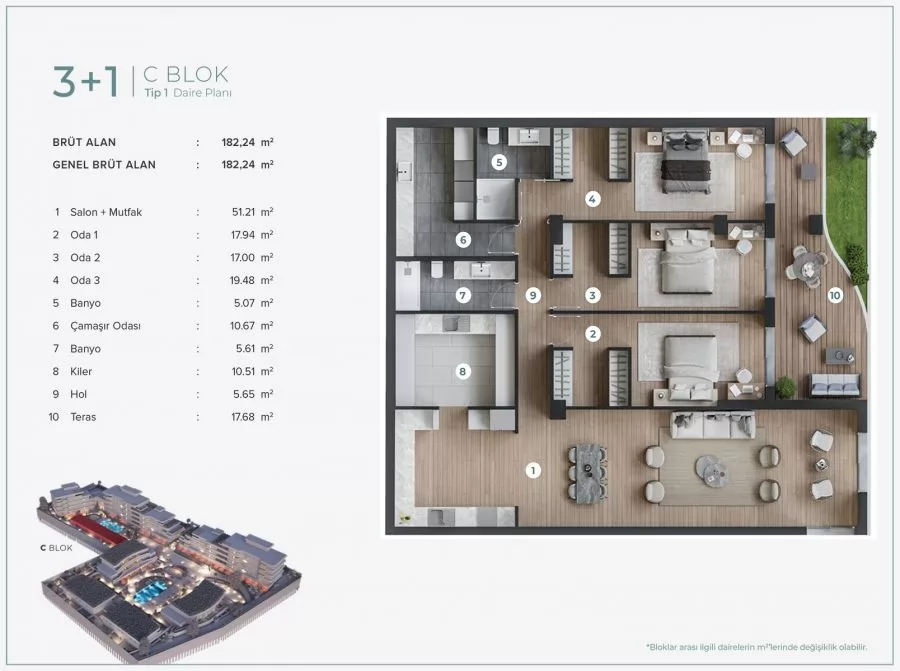 3+1 C BLOK Tip 1 Daire Planı