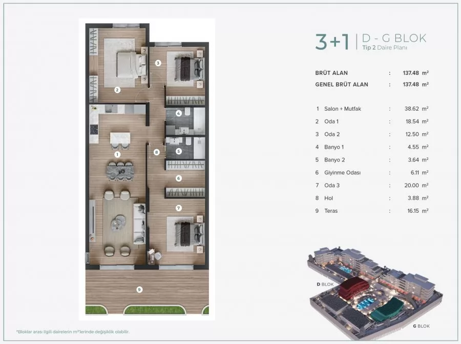 3+1 D - G BLOK Tip 2 Daire Planı