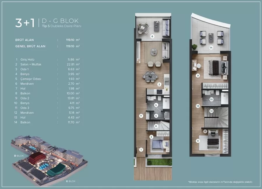 3+ 1 D - G BLOK Tip 5 Dubleks Daire Planı