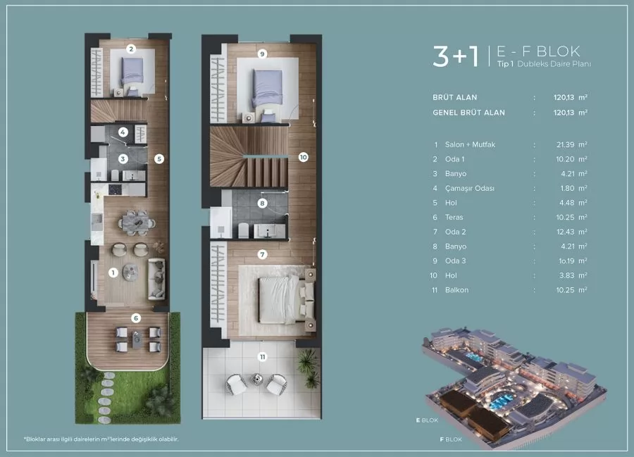 3+ 1 E - F BLOK Tip 1 Dubleks Daire Planı